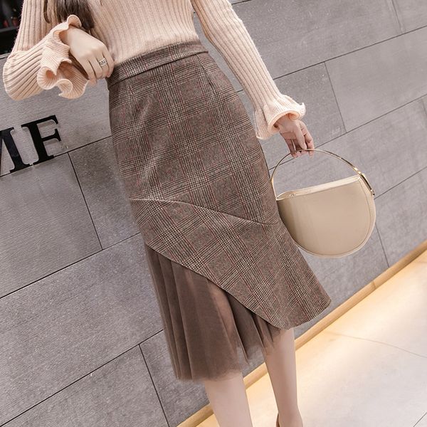 

2019 women skirts woolen midi plaid skirt autumn winter vintage ol office lady mesh stitching high waist skirt, Black;gray