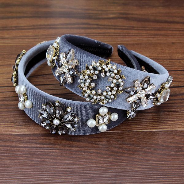 

vintage elegant women hair accessories wide gray crystal velvet flower headband pearl diamante hairband for dance party, White;golden