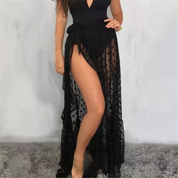 

cover-ups women polka dot sheer beach bikini cover up summer casual solid mesh see through swimwear swim wrap sarong skirts