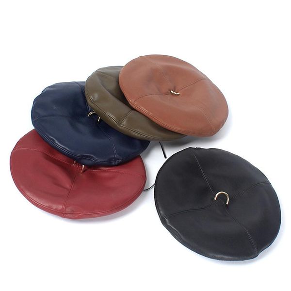 

new beret female fashion personality hoop leather hat beret retro pu tide street style styling versatile artist painterhat, Blue;gray