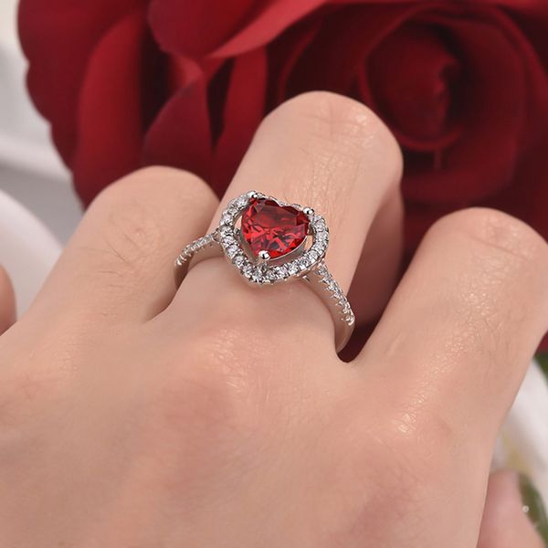 

red crystal heart shape wedding rings for women bridal exquisite rhinestone heart rings engagement statement jewelry, Slivery;golden