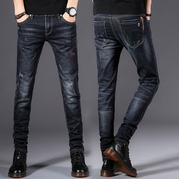 

black mens jeans cotton denim pants man stretch casual slim fit jean trousers male 2019 fashion young skinny jeans men pants, Blue