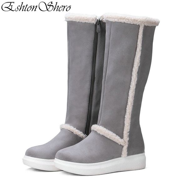 

eshtonshero winter shoes woman mid calf boots flock thin high heel round toe zipper fur-lined ladies motorcyc boots size 34-43, Black