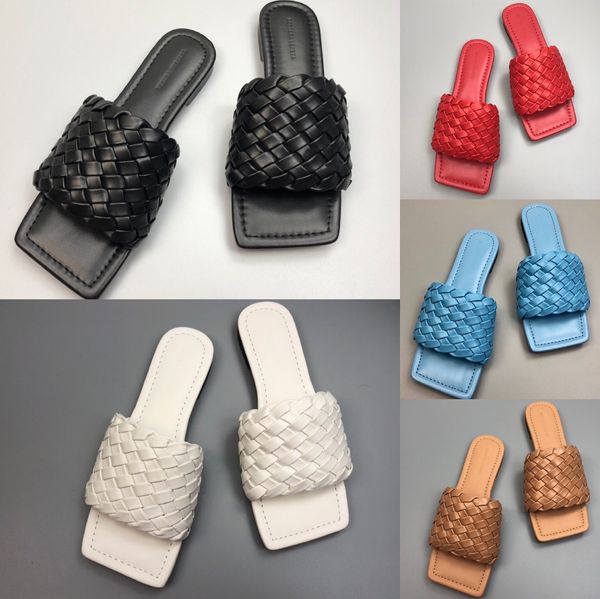 

lastest wide sandals fashion woven real leather squared toe slipprs ladies summer outdoor beach causal lido flat sandals, Black