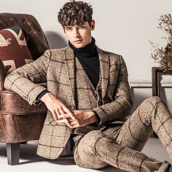 

brand men clothing new autumn men suit jackets plaid single breasted suit coat mens formal wedding slim fit plus size, White;black