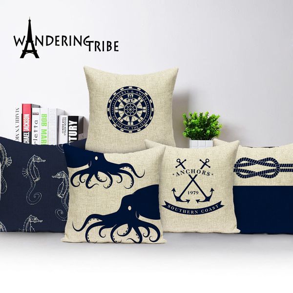 

sea blue compass printed подушка обложка anchor шаблон морской корабль бросьте наволочки декоративные наволочки cojines almofadas