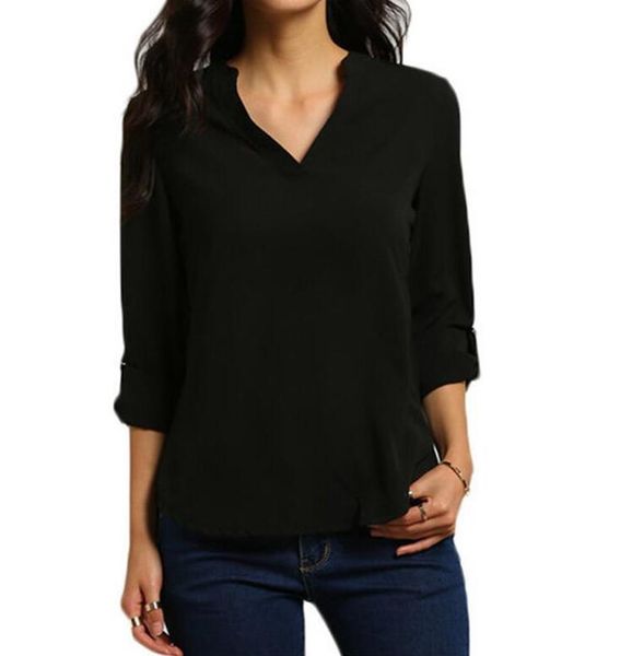 

2020 Fashion Women Long Sleeve Chiffon V Neck T Shirt Autumn Sexy Work Casual Tops Womens Luxury Tee Solid Black White Wholesale