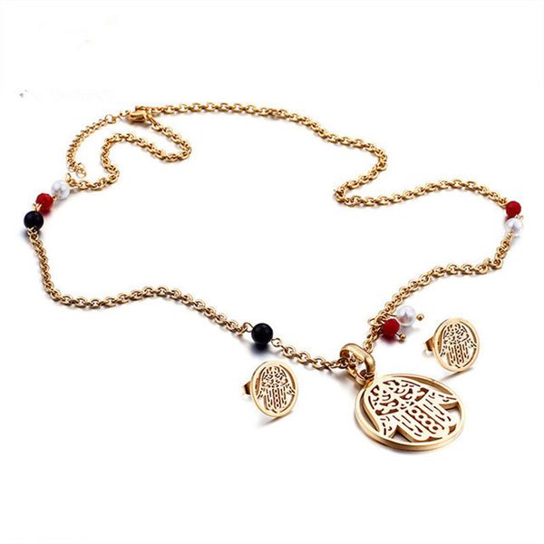 

fashion hamsa hand pendant necklace & earrings sets for women men stainless steel hollow hand jewelry set, Silver