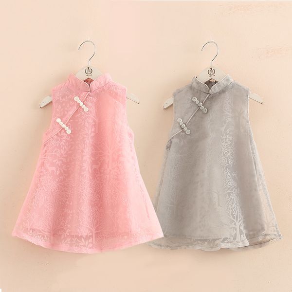 

2019 summer 2-12 years old chinese ethnic vintage style mandarin collar sundress kids baby lace cheongsam vintage girl dress, Red;yellow