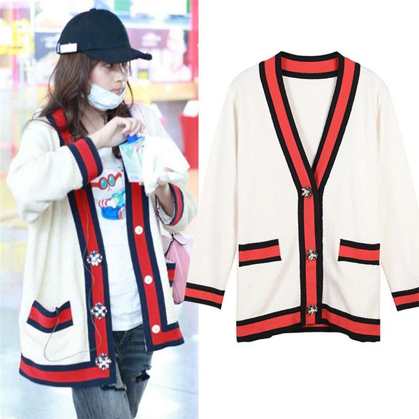 

pearl gc womens v-neck cardigan sweaters red striped long sleeve sweaters fashion knit single breasted coat, White;black
