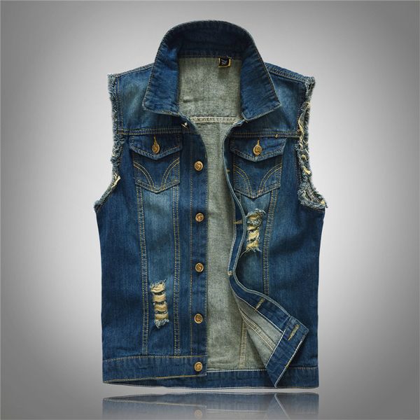 

men's new spring autumn 80s vintage denim vest male high-grade sleeveless cotton jackets hole jeans fashion waistcoat big, Black;white