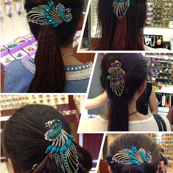 

women girls crystal peacock hair clips retro bohemia beauty tools duckbill hair pin claw clamp, Golden;white