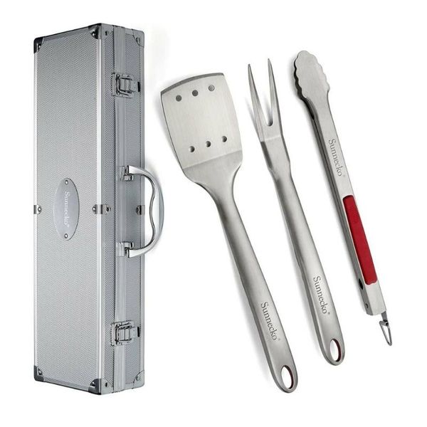 

sunnecko outdoor 4pcs bbq grilling tool set with aluminum storage case stainless steel barbecue tongs spatula fork tpr handle