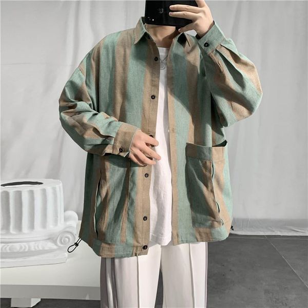 

весна и лето полосатая рубашка с длинными рукавами мужская тенденция корейская версия свободного порта ветровка рубашка повседневная, White;black