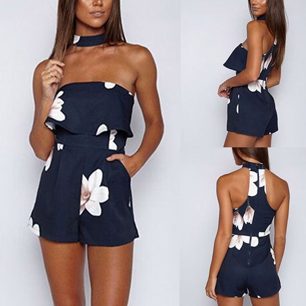 

women floral print ruffle jumpsuit playsuit beach mini word shoulder tube printing rompers overalls siamese shorts, Black;white