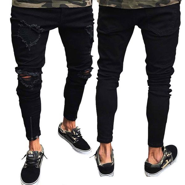 

men skinny jeans vintage runway slim biker jeans denim knees holes hiphop pants washed high quality, Blue