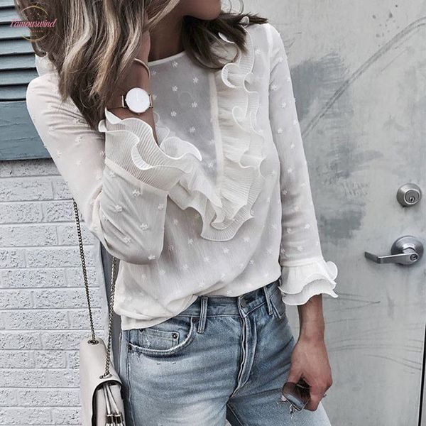 

womens boho beach ruffle frill polka dot and blouses elegant long sleeve female holiday party blouse shirt, White