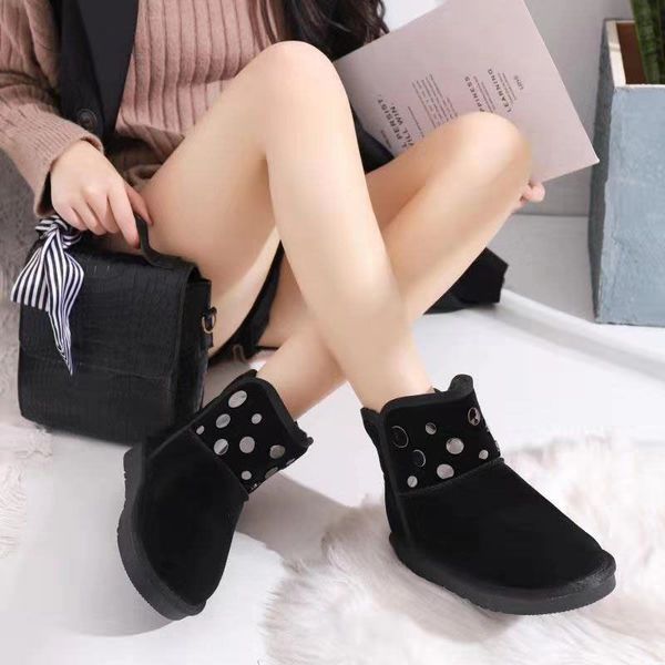 

winter boots genuine leather fur round toe boots-women shoes bling bling plush lace up booties ladies low heels booties, Black