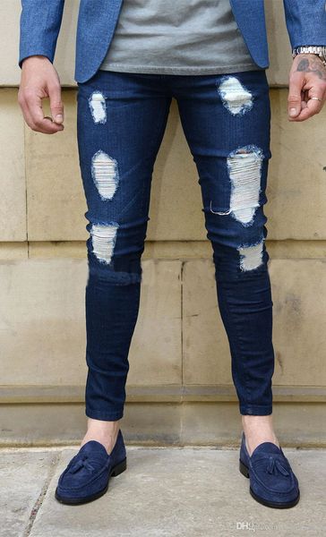 

fashion mens skinny jeans rip slim fit stretch denim distress frayed biker jeans boys embroidered patterns pencil trousers, Blue