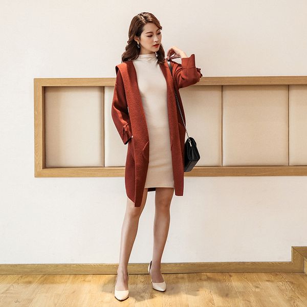 

office lady solid women long winter wool blend coat fashion loose wool coat and jacket open stitch outerwear, Black