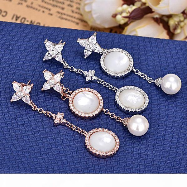 

crystal diamond mother pearl earrings four-leaf clover earrings popular long earrings jewelry, Silver