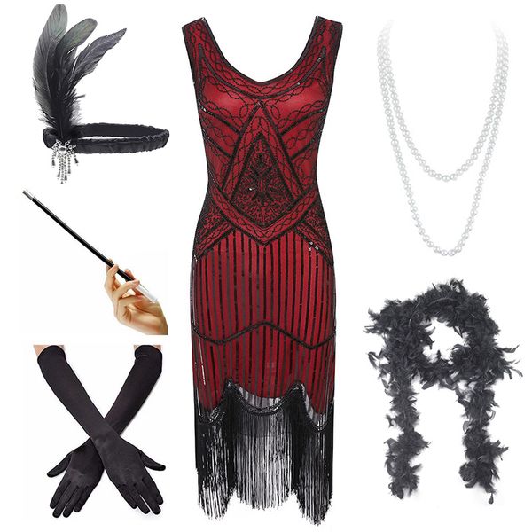 

plus size 4xl women's flapper dresses 1920s sequin beaded fringed great gatsby dress w/accessories set xs-xxxxl, Black;gray