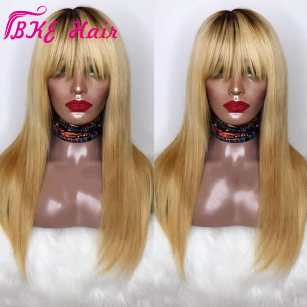 Natürliches brasilianisches Haar gerade Spitze-Perücken mit Pony 180% Dichte ombre blonde Farbe Pre Zupforchester Glueless synthetische Spitze-Front-Perücke