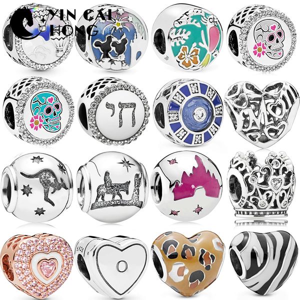 

fahmi 100% 925 sterling silver new hearts kangaroo crown castle day of the dead diy birthday gift bracelet accessories charm beads, Black