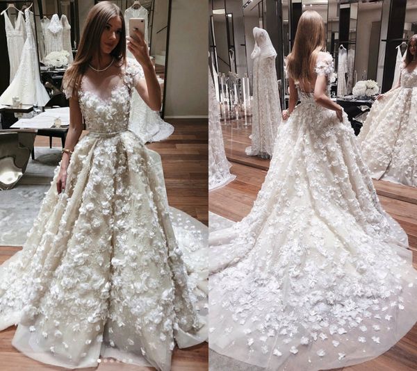 Discount Sexy Lace Wedding Dresses Country Style Count Train Jewel Neck 3d Floral Flower Beach Wedding Dress Boho Cheap A Line Bridal Gowns Pictures