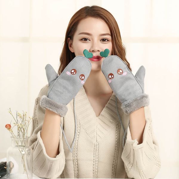 

2017 autumn winter new female suede leather warm cute cartoon leaves mittens women thick plus velvet cashmere halter gloves l97, Blue;gray
