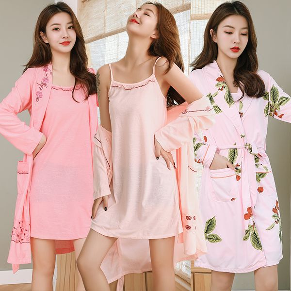 

2pcs cotton print nightgowns robes sets for women 2019 autumn long sleeve night mini dress sleepwear bathrobe two piece set, Black;red