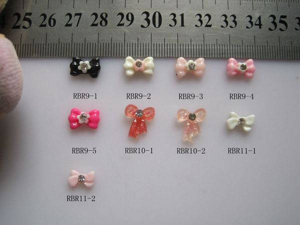 

rbr9/10/11 200pcs/bag flower glitter resin bow with crystal rhinestone nail art decoration nail diy accessory, Silver;gold