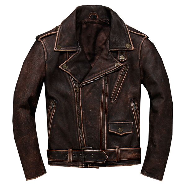 

2019 vintage brown men biker's style leather jacket plus size xxxxxl genuine thick cowhide slim fit leather coat ing, Black