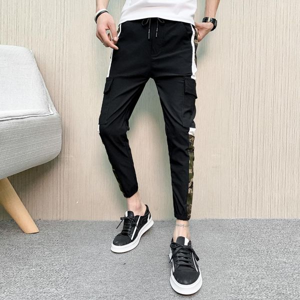 

men pants spring summer camouflage patchwork harem pants men slim fit all match casual joggers streetwear trousers, Black