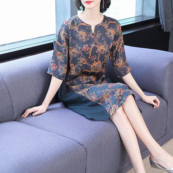 

spring retro printed silk women dress 2019 new style summer five-minutes sleeve loose slim female elegant temperament dresses, Black;gray
