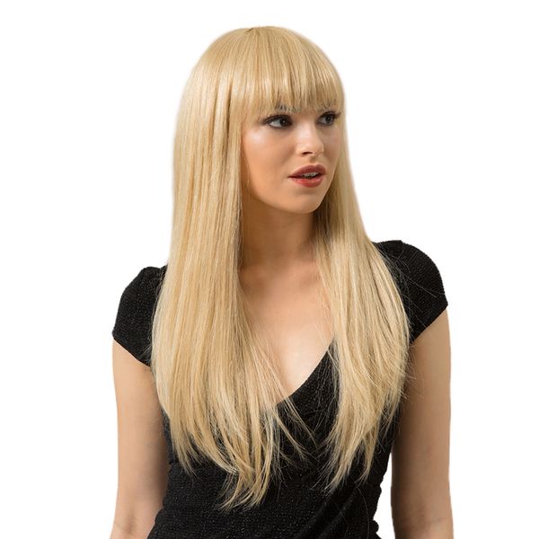 

charming human hair wig womens long straight wig with neat bang for cosplay, Black