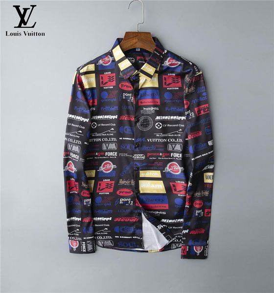

2020 men's casual print lapel slim long sleeve luxury logo shirt european and american fashion brand trend shirt -e, White;black
