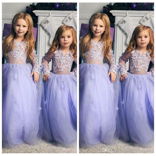 Neueste elegante lange Ärmel A-Linie Blumenmädchenkleider Lavendel Tüll bodenlangen formale Kinderpartykleider Vestidos De Soiree Günstig