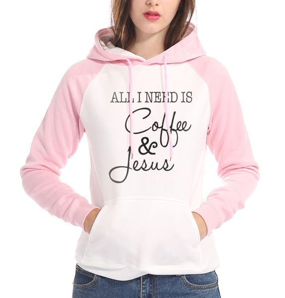 

2019 fall winter women sweatshirt all i need is coffee and jesus letter print hoodies hip-hop long raglan sleeve brand tracksuit, Black