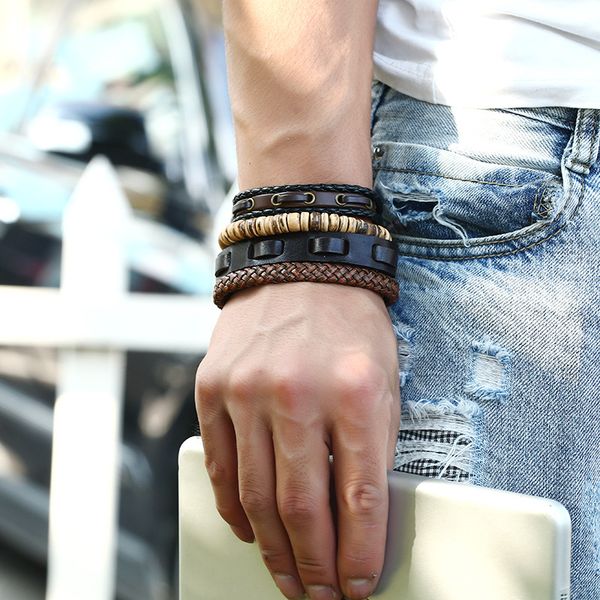 

aidever fashion simple vintage men handmade jewelry bracelet punk hippie coconut shell beads genuine leather charm cuff bangle, Black