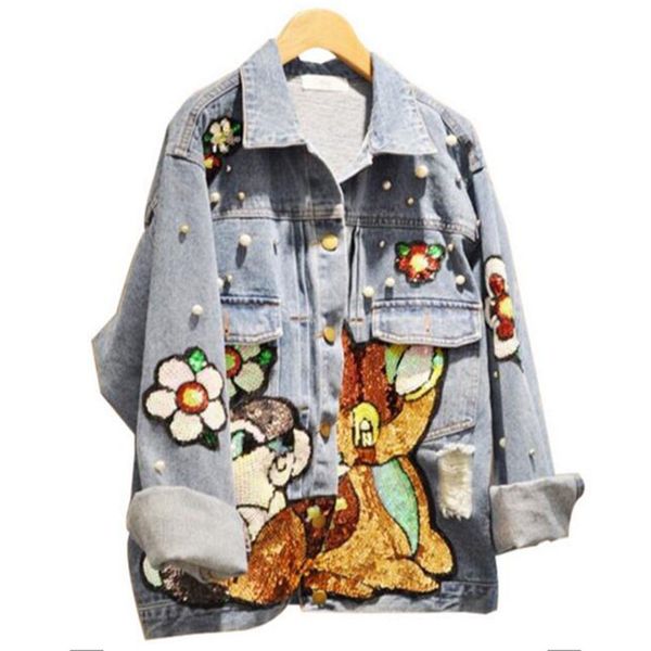 

women autumn denim jacket girls sequins embroidery jeans jacket with animal type overcoat blue oversize jackets for student, Black;brown