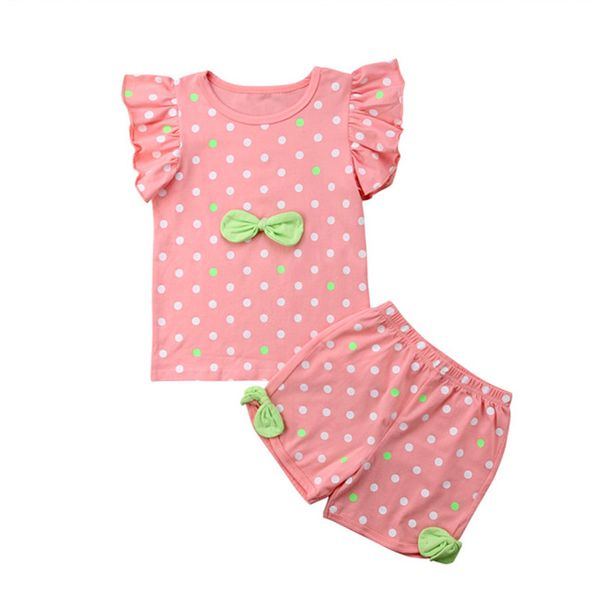 

stock kids baby girl polka dot cotton outfit clothes t-shirt short pants set, Pink;blue