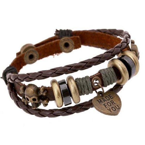 

punk new heart pendants vintage friendship bracelets for friends brown leather braided skull rivet cuff bracelets bangles, Golden;silver