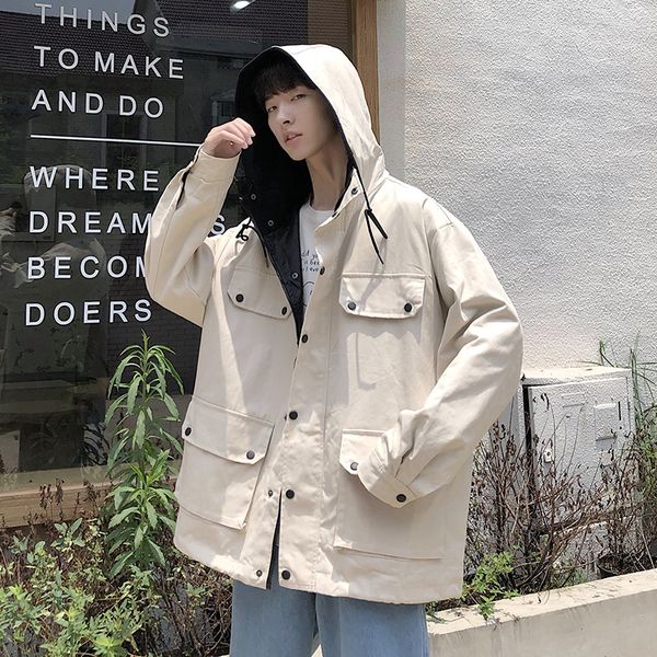 

autumn new tooling jacket men fashion solid color casual multi-pocket hooded jacket man streetwear hip-hop loose bomber, Black;brown