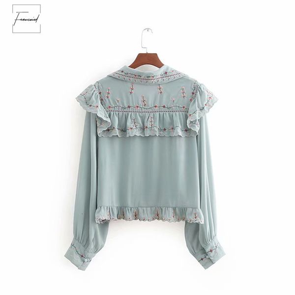 

high blouse women street elegant laminated ruffles flower embroidery chiffon ladies shirt ls2500 femininas blusas chic, White