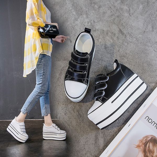 

autumn women's singles shoes magic stick muffin with thick bottom inside increase small white shoes female low help genuine, Black