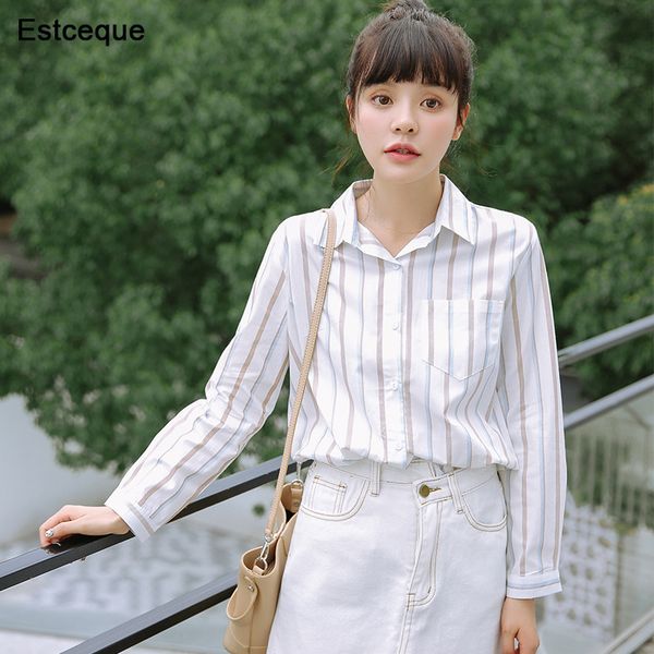 

2019 spring women striped shirt loose turn-down collar female blouse full sleeve, White