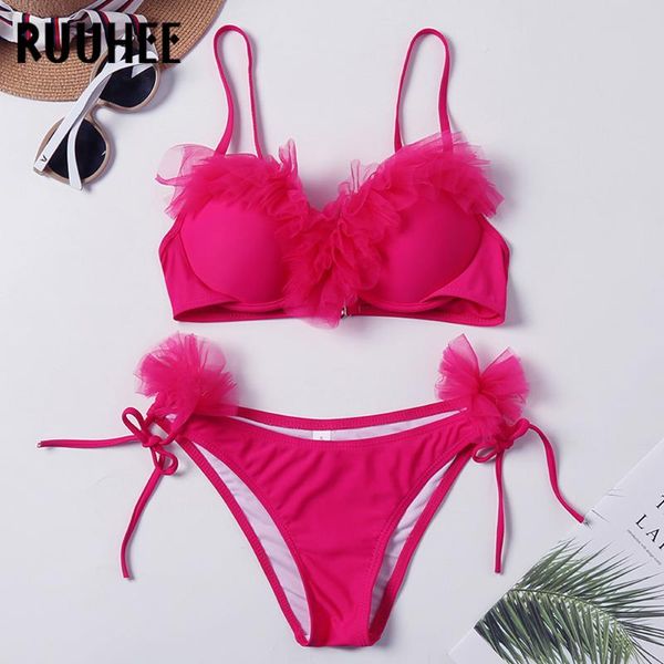 

ruuhee lace bikini women push up 2020 swimsuit swimwear solid low waist bikini set bathing suit female beachwear biquinis