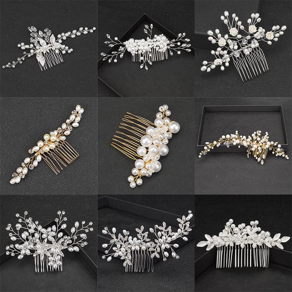 

2019 new gold and silver bridal rhinestone hair comb handmade pearl fashion hair accessories ladies wedding headdress, Golden;white