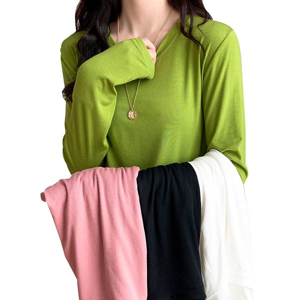 

2020 lady t shirt spring and autumn new korean round neck long-sleeved solid color wild base primer t shirt female student, White